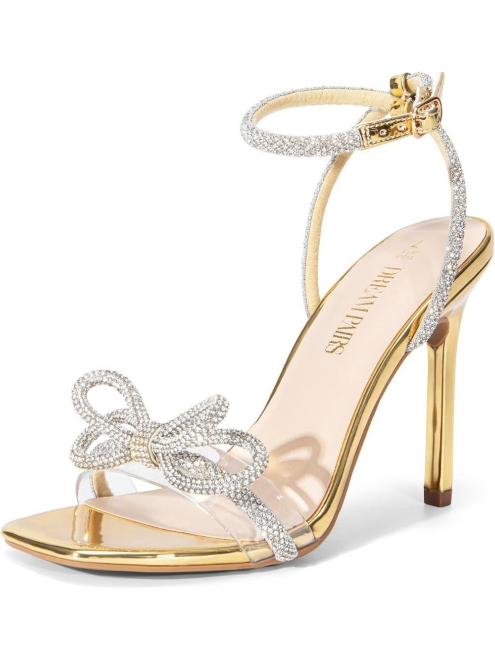 Women's Gold Pat Double Bowknots Heels Sandals High Heeled Open Square Toe Shoes